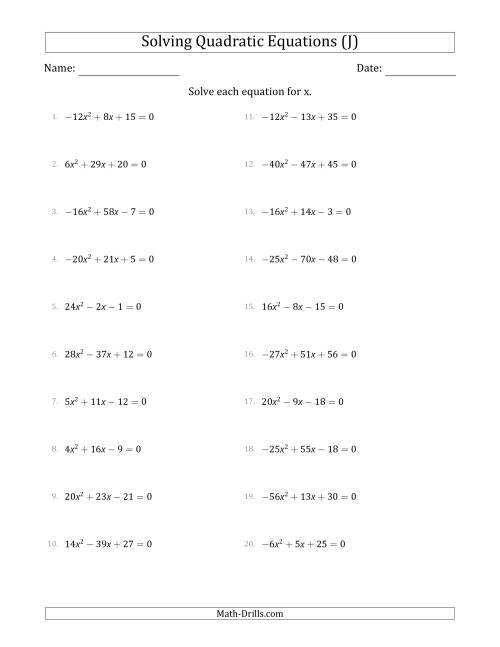 The Solving Quadratic Equations with Positive or Negative 'a' Coefficients up to 81 (J) Math Worksheet