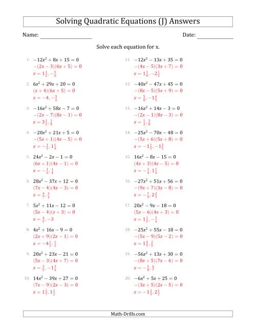 The Solving Quadratic Equations with Positive or Negative 'a' Coefficients up to 81 (J) Math Worksheet Page 2