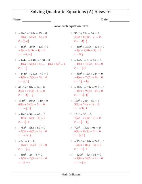The Solving Quadratic Equations with Positive or Negative 'a' Coefficients up to 81 with a Common Factor Step (A) Math Worksheet Page 2