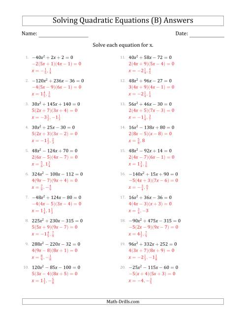 The Solving Quadratic Equations with Positive or Negative 'a' Coefficients up to 81 with a Common Factor Step (B) Math Worksheet Page 2