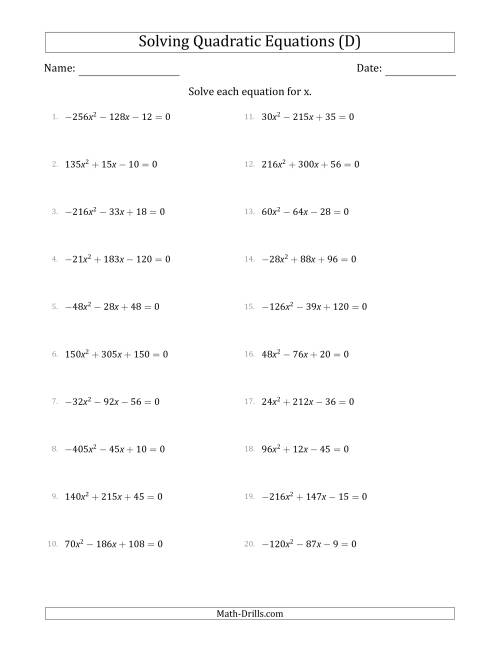 The Solving Quadratic Equations with Positive or Negative 'a' Coefficients up to 81 with a Common Factor Step (D) Math Worksheet