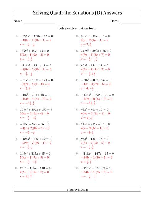 The Solving Quadratic Equations with Positive or Negative 'a' Coefficients up to 81 with a Common Factor Step (D) Math Worksheet Page 2