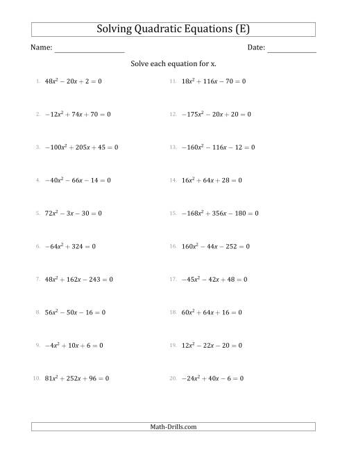 The Solving Quadratic Equations with Positive or Negative 'a' Coefficients up to 81 with a Common Factor Step (E) Math Worksheet