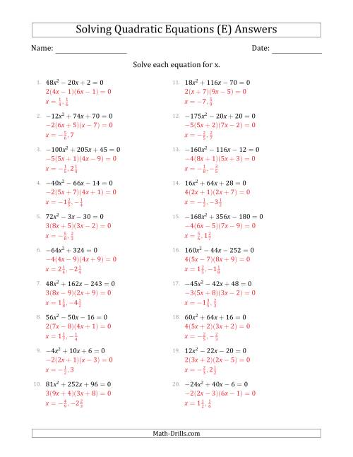 The Solving Quadratic Equations with Positive or Negative 'a' Coefficients up to 81 with a Common Factor Step (E) Math Worksheet Page 2