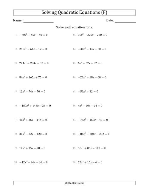 The Solving Quadratic Equations with Positive or Negative 'a' Coefficients up to 81 with a Common Factor Step (F) Math Worksheet