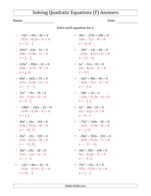 The Solving Quadratic Equations with Positive or Negative 'a' Coefficients up to 81 with a Common Factor Step (F) Math Worksheet Page 2