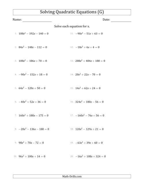 The Solving Quadratic Equations with Positive or Negative 'a' Coefficients up to 81 with a Common Factor Step (G) Math Worksheet