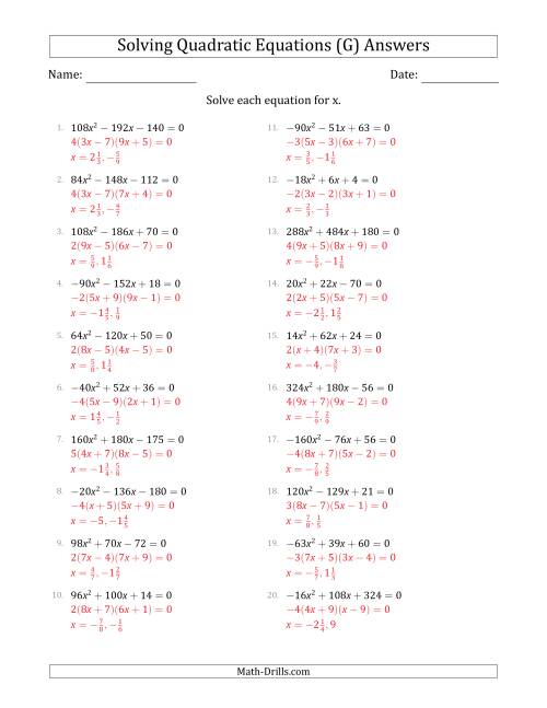 The Solving Quadratic Equations with Positive or Negative 'a' Coefficients up to 81 with a Common Factor Step (G) Math Worksheet Page 2