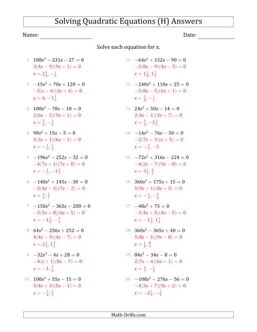 The Solving Quadratic Equations with Positive or Negative 'a' Coefficients up to 81 with a Common Factor Step (H) Math Worksheet Page 2