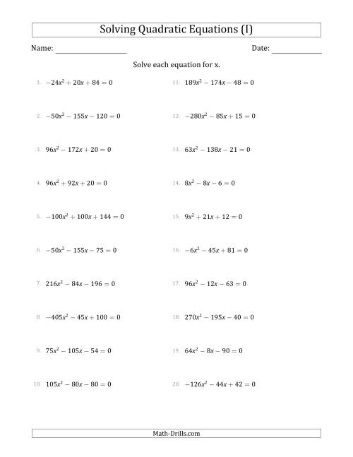 The Solving Quadratic Equations with Positive or Negative 'a' Coefficients up to 81 with a Common Factor Step (I) Math Worksheet