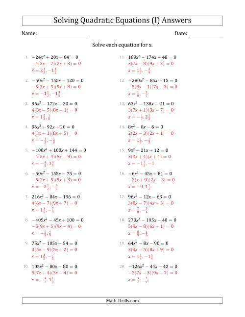The Solving Quadratic Equations with Positive or Negative 'a' Coefficients up to 81 with a Common Factor Step (I) Math Worksheet Page 2