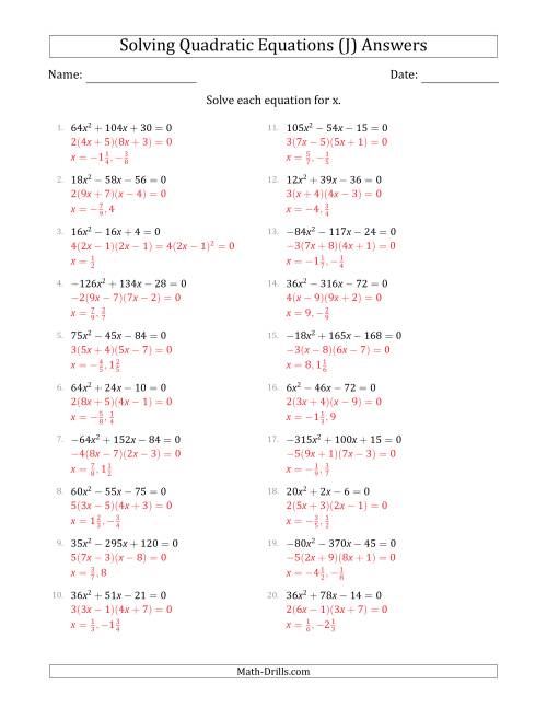 The Solving Quadratic Equations with Positive or Negative 'a' Coefficients up to 81 with a Common Factor Step (J) Math Worksheet Page 2