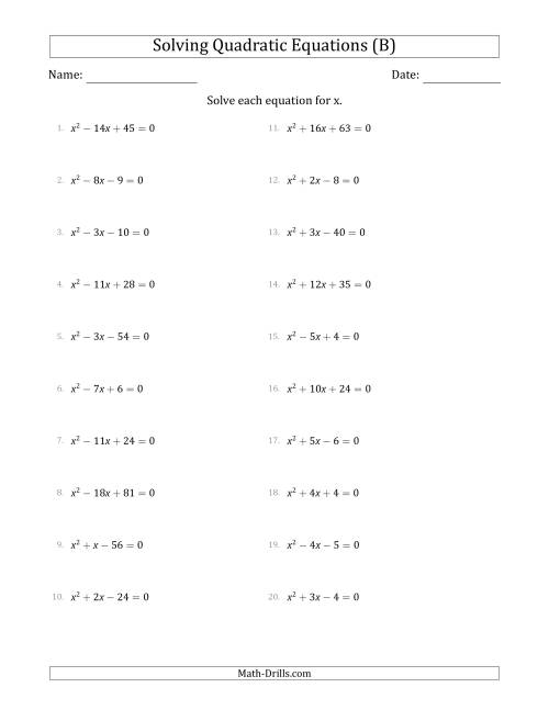The Solving Quadratic Equations with Positive 'a' Coefficients of 1 (B) Math Worksheet