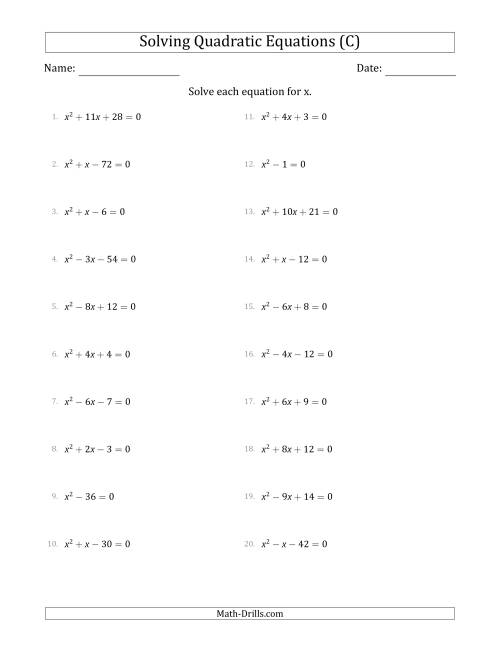 The Solving Quadratic Equations with Positive 'a' Coefficients of 1 (C) Math Worksheet