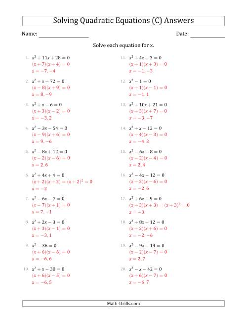 The Solving Quadratic Equations with Positive 'a' Coefficients of 1 (C) Math Worksheet Page 2