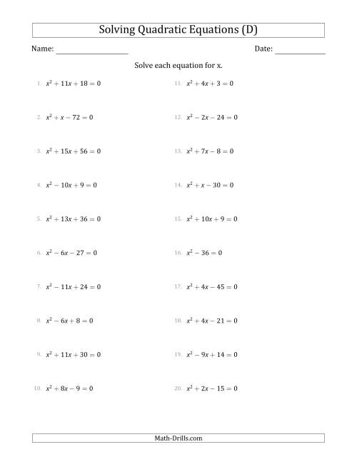 The Solving Quadratic Equations with Positive 'a' Coefficients of 1 (D) Math Worksheet