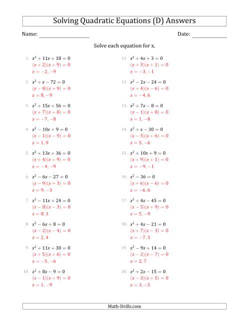 The Solving Quadratic Equations with Positive 'a' Coefficients of 1 (D) Math Worksheet Page 2