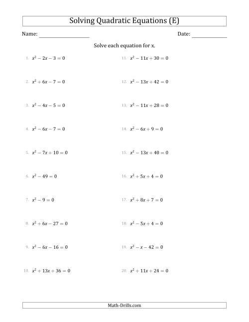 The Solving Quadratic Equations with Positive 'a' Coefficients of 1 (E) Math Worksheet