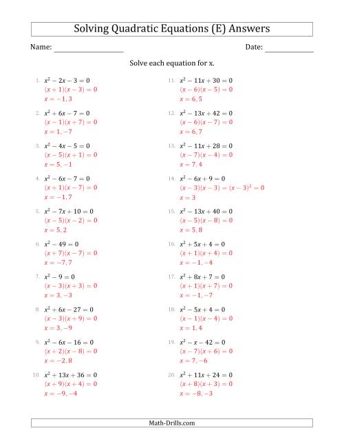 The Solving Quadratic Equations with Positive 'a' Coefficients of 1 (E) Math Worksheet Page 2