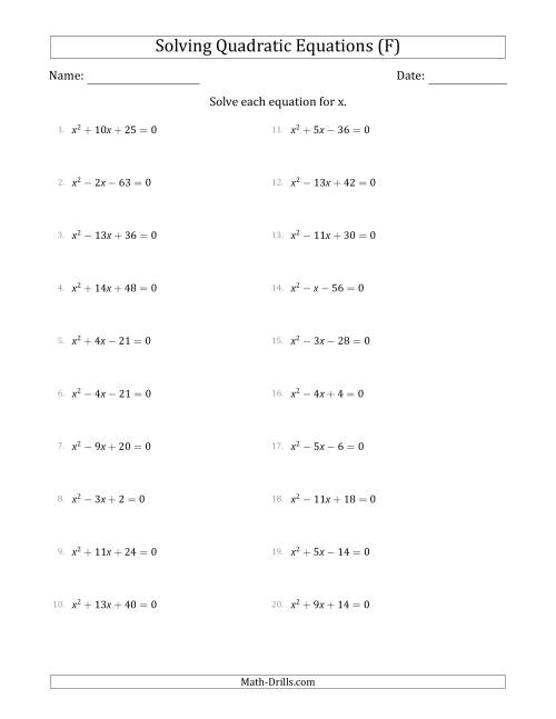 The Solving Quadratic Equations with Positive 'a' Coefficients of 1 (F) Math Worksheet