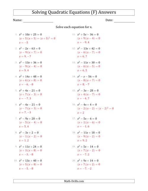 The Solving Quadratic Equations with Positive 'a' Coefficients of 1 (F) Math Worksheet Page 2