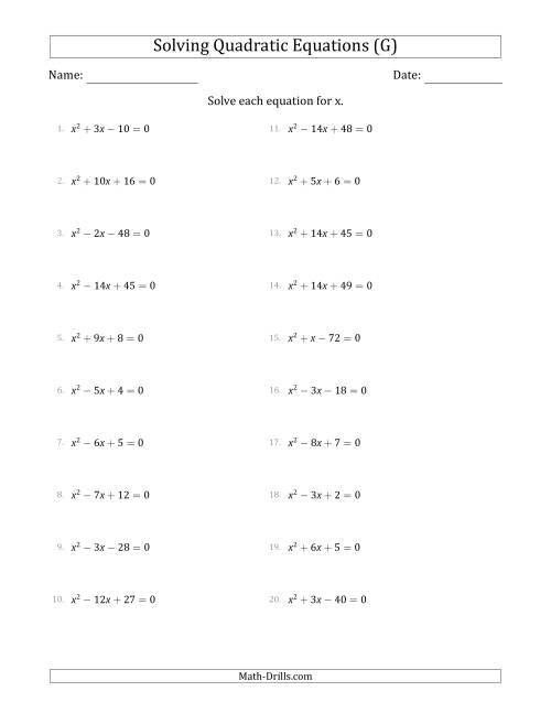 The Solving Quadratic Equations with Positive 'a' Coefficients of 1 (G) Math Worksheet