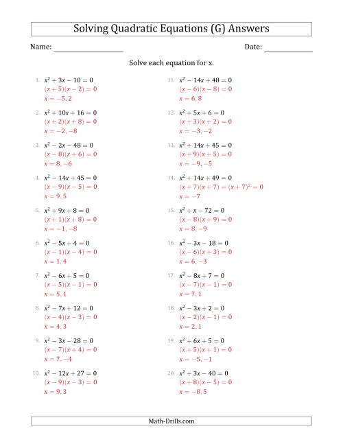 The Solving Quadratic Equations with Positive 'a' Coefficients of 1 (G) Math Worksheet Page 2