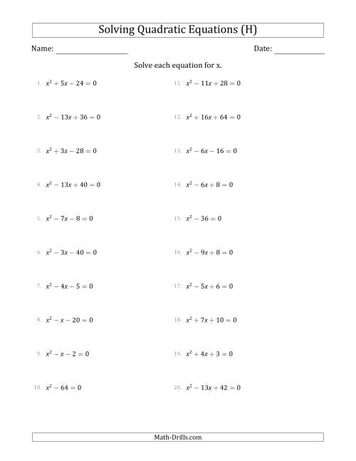 The Solving Quadratic Equations with Positive 'a' Coefficients of 1 (H) Math Worksheet