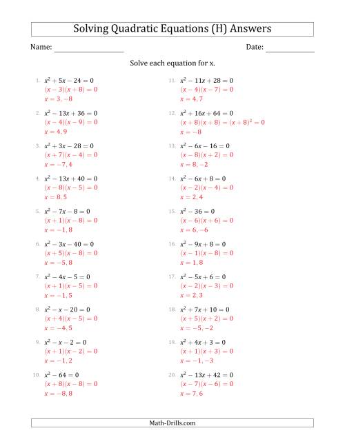 The Solving Quadratic Equations with Positive 'a' Coefficients of 1 (H) Math Worksheet Page 2
