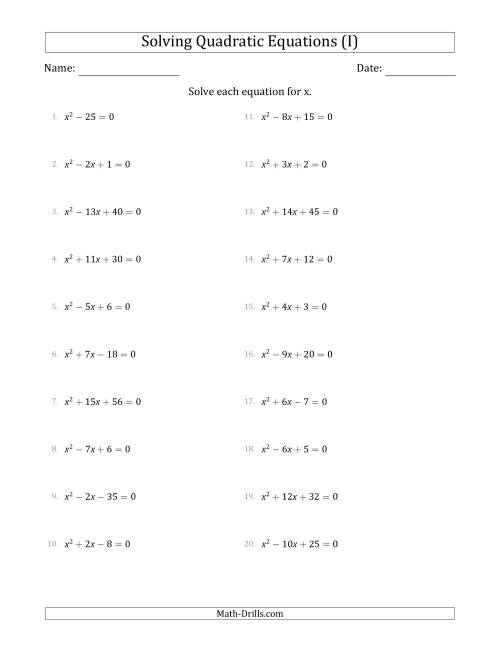 The Solving Quadratic Equations with Positive 'a' Coefficients of 1 (I) Math Worksheet