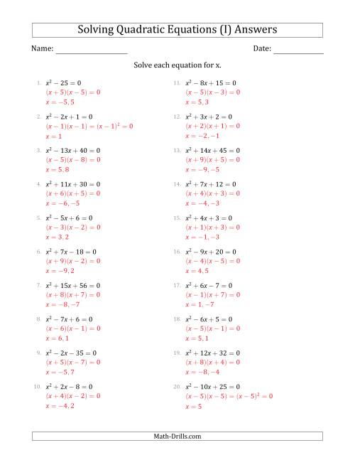 The Solving Quadratic Equations with Positive 'a' Coefficients of 1 (I) Math Worksheet Page 2