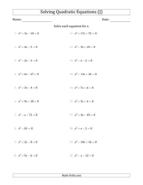 The Solving Quadratic Equations with Positive 'a' Coefficients of 1 (J) Math Worksheet