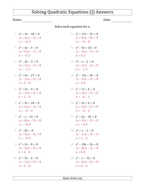 The Solving Quadratic Equations with Positive 'a' Coefficients of 1 (J) Math Worksheet Page 2