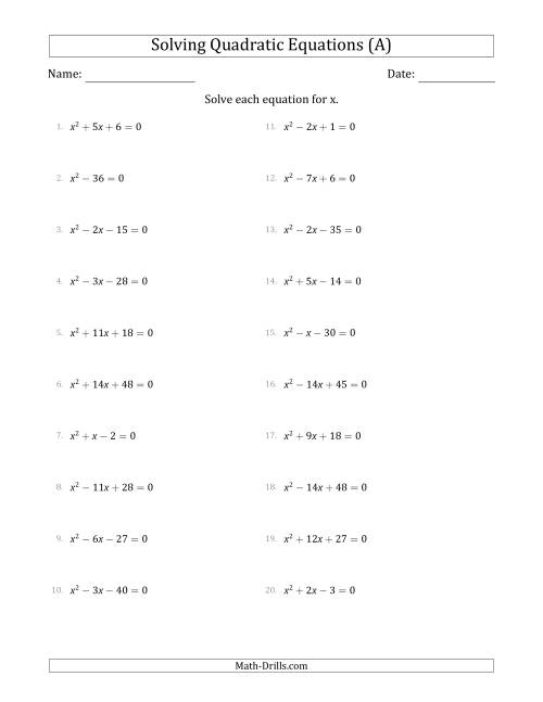 The Solving Quadratic Equations with Positive 'a' Coefficients of 1 (All) Math Worksheet