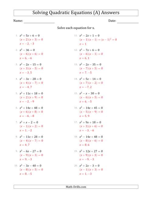 The Solving Quadratic Equations with Positive 'a' Coefficients of 1 (All) Math Worksheet Page 2
