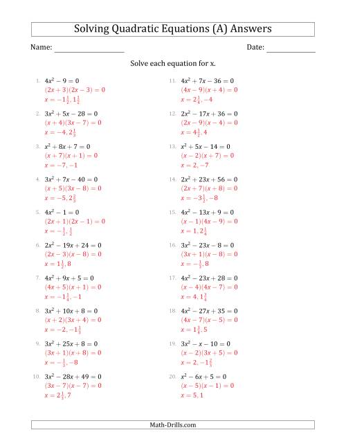 The Solving Quadratic Equations with Positive 'a' Coefficients up to 4 (A) Math Worksheet Page 2