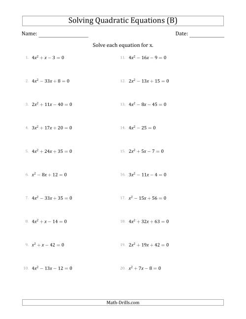 The Solving Quadratic Equations with Positive 'a' Coefficients up to 4 (B) Math Worksheet