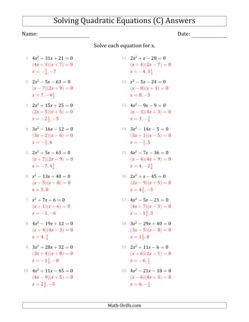 The Solving Quadratic Equations with Positive 'a' Coefficients up to 4 (C) Math Worksheet Page 2