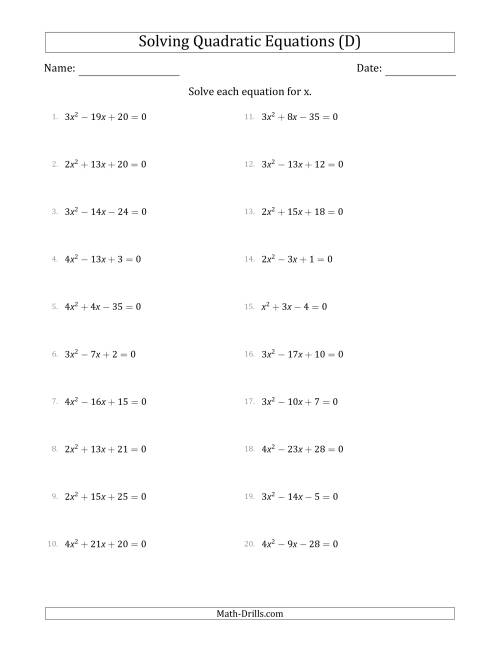 The Solving Quadratic Equations with Positive 'a' Coefficients up to 4 (D) Math Worksheet