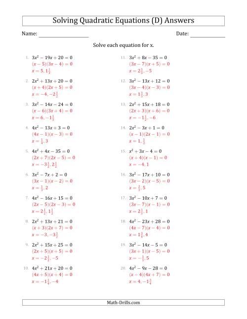 The Solving Quadratic Equations with Positive 'a' Coefficients up to 4 (D) Math Worksheet Page 2