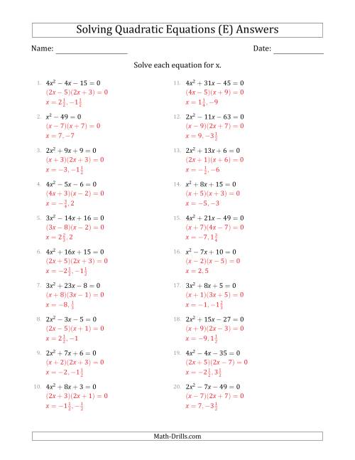 The Solving Quadratic Equations with Positive 'a' Coefficients up to 4 (E) Math Worksheet Page 2