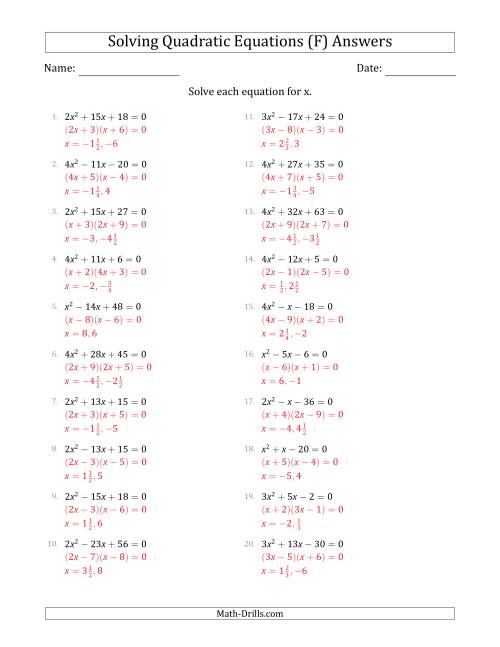 The Solving Quadratic Equations with Positive 'a' Coefficients up to 4 (F) Math Worksheet Page 2