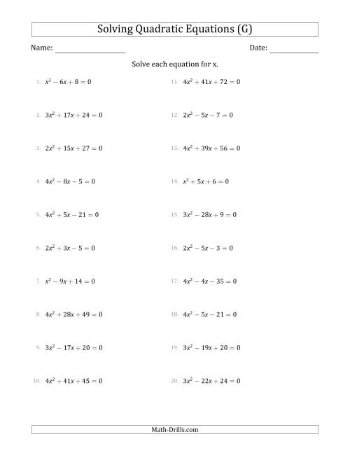 The Solving Quadratic Equations with Positive 'a' Coefficients up to 4 (G) Math Worksheet