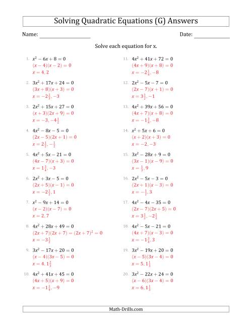 The Solving Quadratic Equations with Positive 'a' Coefficients up to 4 (G) Math Worksheet Page 2