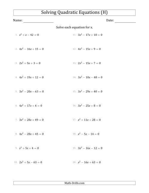 The Solving Quadratic Equations with Positive 'a' Coefficients up to 4 (H) Math Worksheet