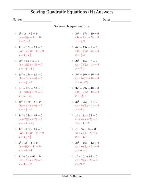 The Solving Quadratic Equations with Positive 'a' Coefficients up to 4 (H) Math Worksheet Page 2