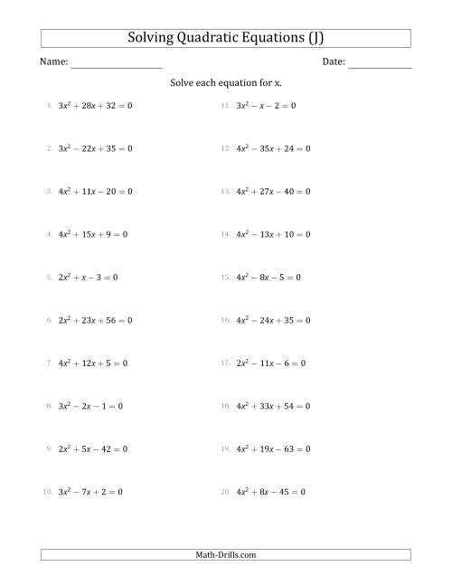 The Solving Quadratic Equations with Positive 'a' Coefficients up to 4 (J) Math Worksheet
