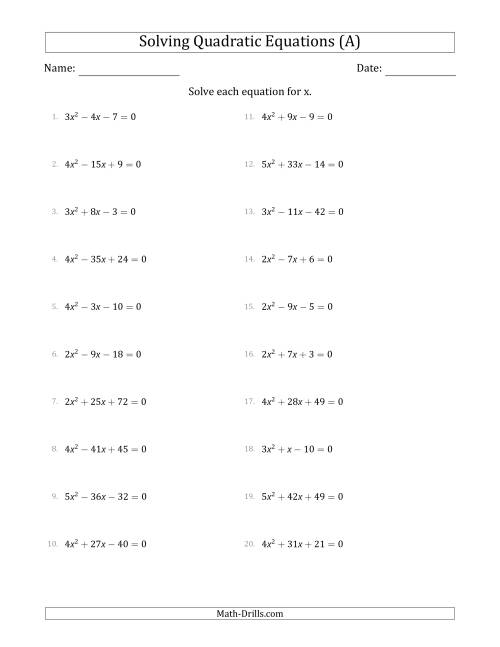 The Solving Quadratic Equations with Positive 'a' Coefficients up to 5 (A) Math Worksheet