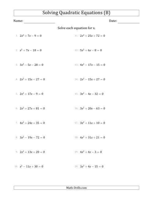 The Solving Quadratic Equations with Positive 'a' Coefficients up to 5 (B) Math Worksheet