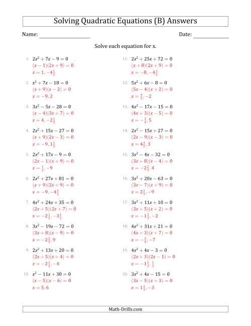 The Solving Quadratic Equations with Positive 'a' Coefficients up to 5 (B) Math Worksheet Page 2